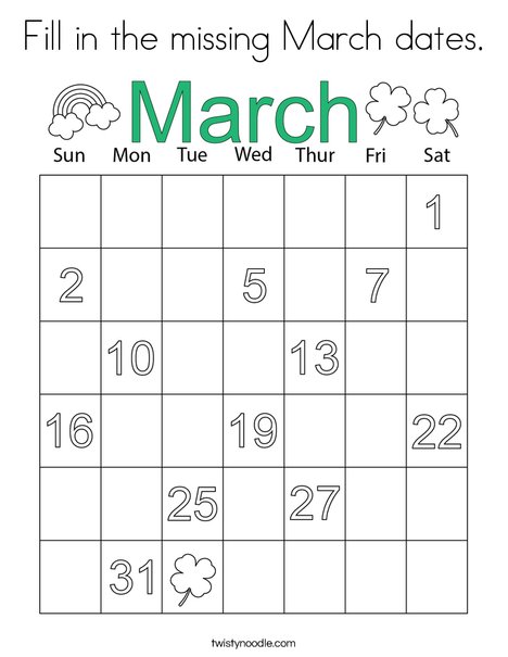Fill in the missing March dates. Coloring Page