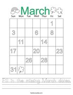 Fill in the missing March dates Handwriting Sheet