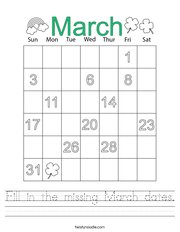 Fill in the missing March dates Handwriting Sheet