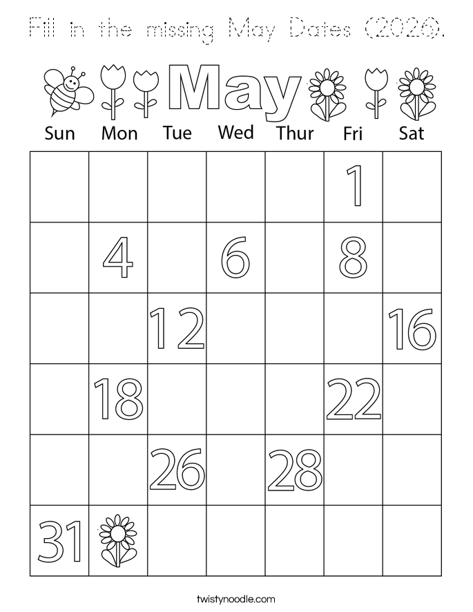 Fill in the missing May Dates (2026). Coloring Page