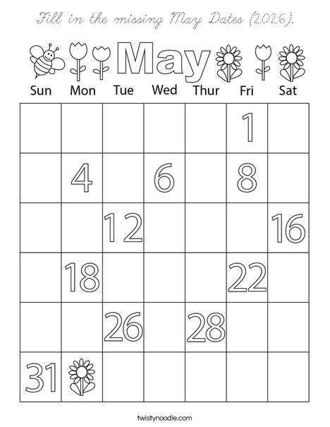 Fill in the missing May Dates (2026). Coloring Page