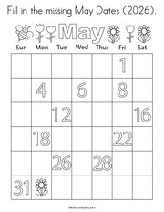 Fill in the missing May Dates (2026) Coloring Page