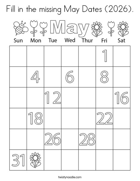 Fill in the missing May Dates (2026). Coloring Page