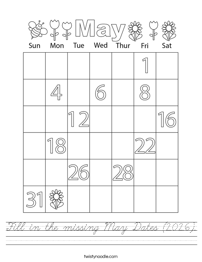 Fill in the missing May Dates (2026). Worksheet
