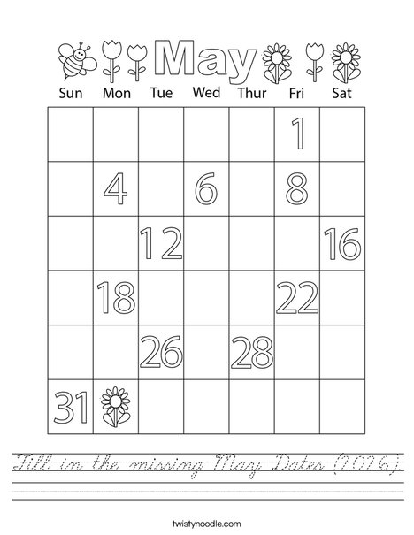 Fill in the missing May Dates (2026). Worksheet