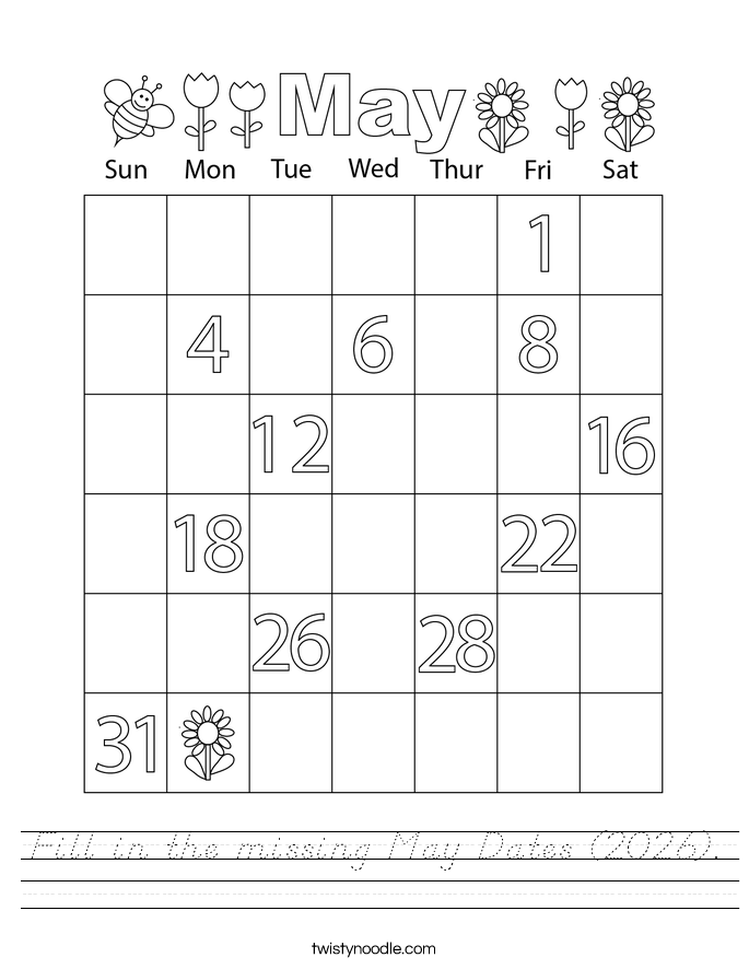 Fill in the missing May Dates (2026). Worksheet
