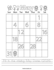 Fill in the missing May Dates (2026) Handwriting Sheet