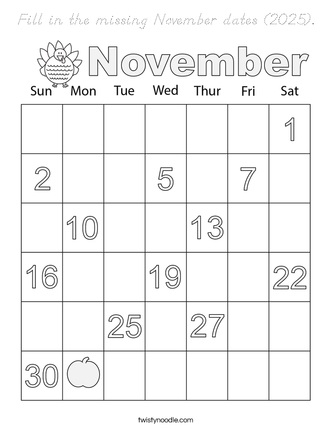 Fill in the missing November dates (2025). Coloring Page