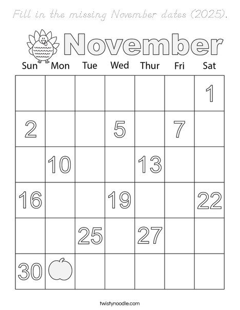 Fill in the missing November dates (2025). Coloring Page
