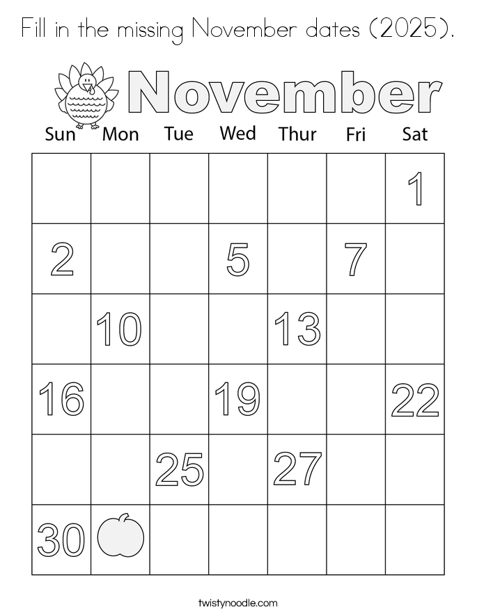 Fill in the missing November dates (2025). Coloring Page