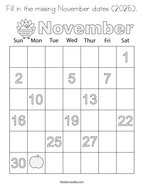 Fill in the missing November dates (2025) Coloring Page