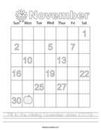 Fill in the missing November dates (2025) Handwriting Sheet