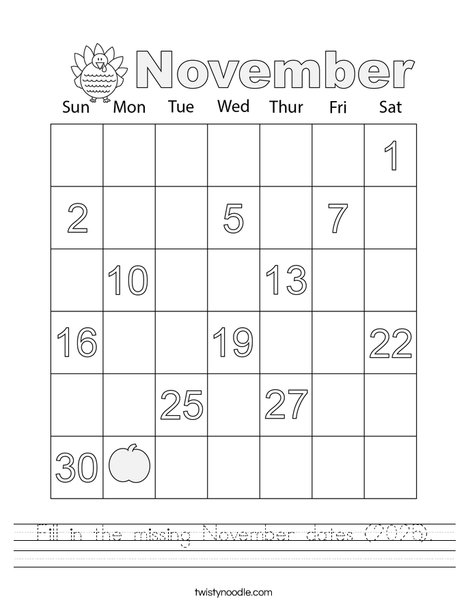 Fill in the missing November dates (2025). Worksheet