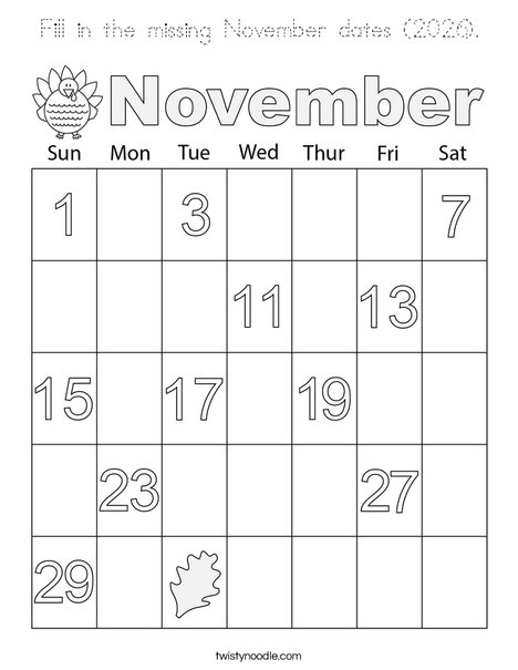  Fill in the missing November dates (2026). Coloring Page