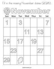 Fill in the missing November dates (2026) Coloring Page