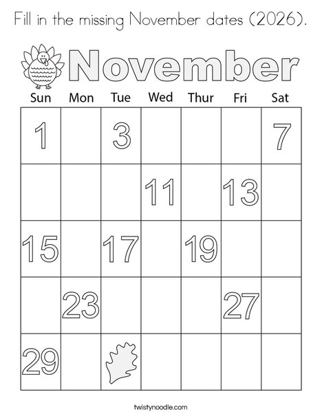  Fill in the missing November dates (2026). Coloring Page
