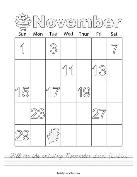  Fill in the missing November dates (2026). Worksheet
