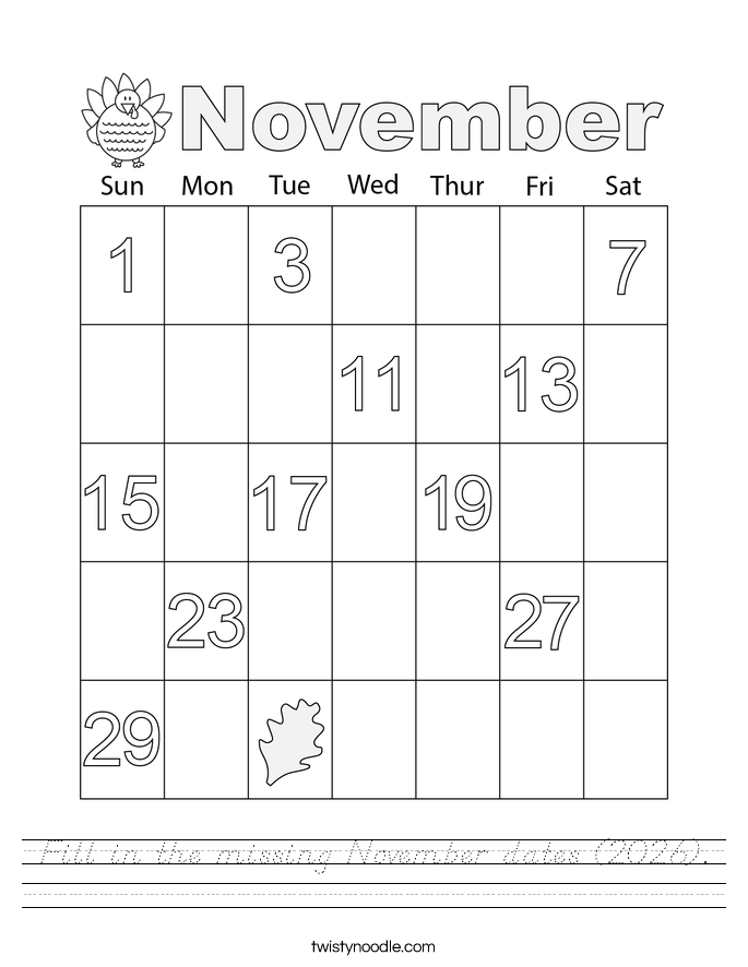Fill in the missing November dates (2026). Worksheet