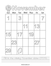 Fill in the missing November dates (2026) Handwriting Sheet