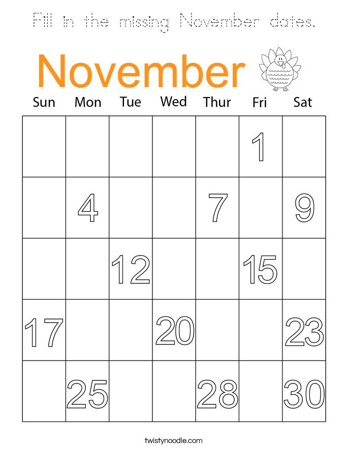 Fill in the missing November dates. Coloring Page