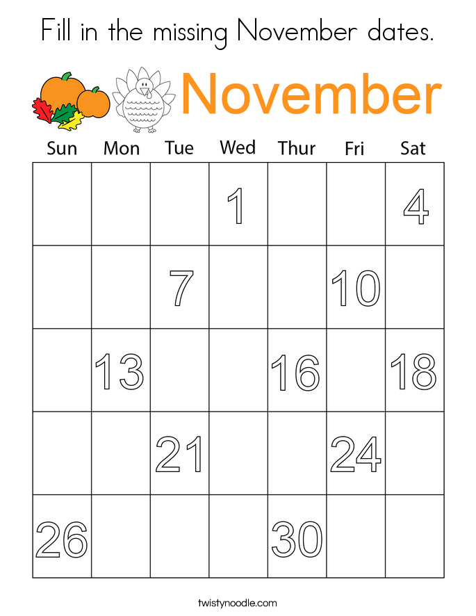 Fill in the missing November dates. Coloring Page