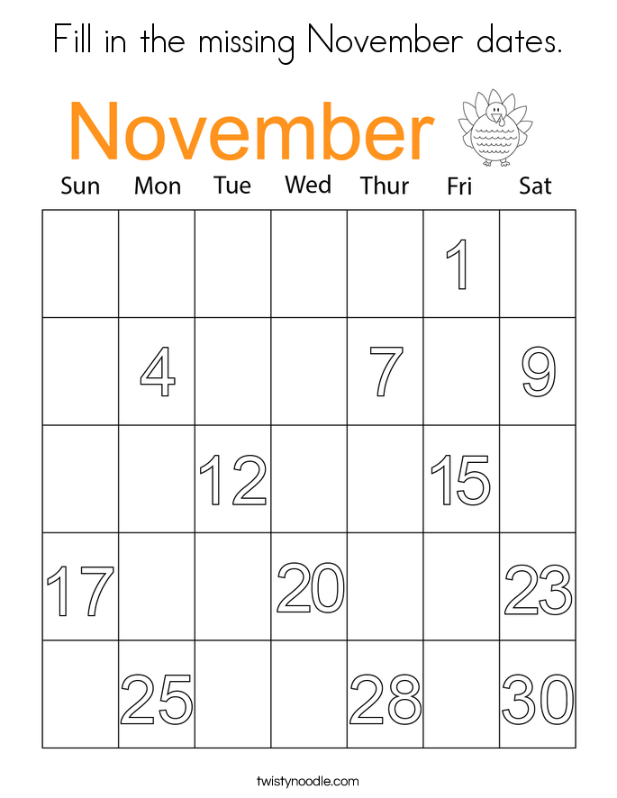 Fill in the missing November dates. Coloring Page