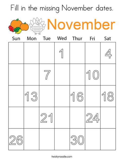 Fill in the missing November dates. Coloring Page