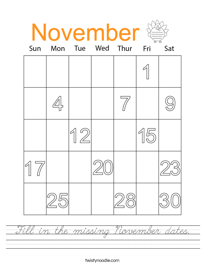 Fill in the missing November dates. Worksheet