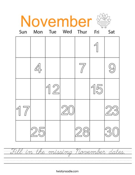 Fill in the missing November dates. Worksheet