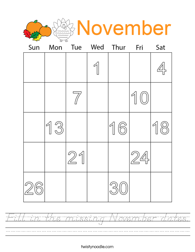 Fill in the missing November dates. Worksheet