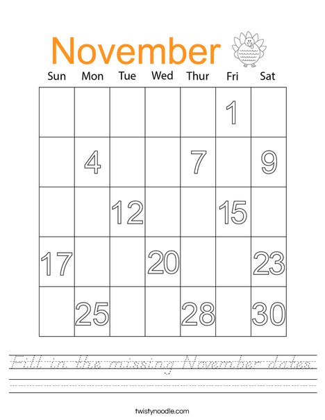 Fill in the missing November dates. Worksheet