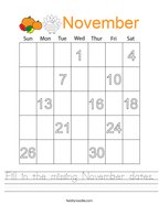 Fill in the missing November dates Handwriting Sheet