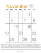 Fill in the missing November dates Handwriting Sheet