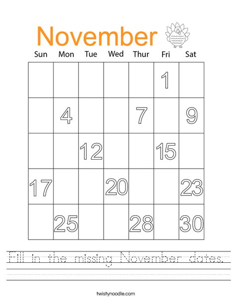 Fill in the missing November dates. Worksheet