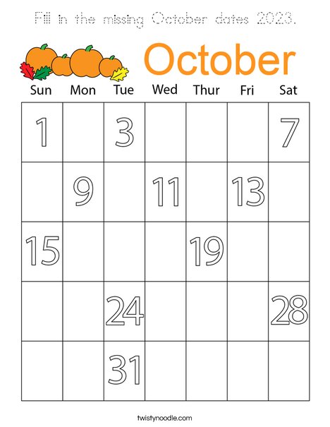 Fill in the missing October dates 2023. Coloring Page