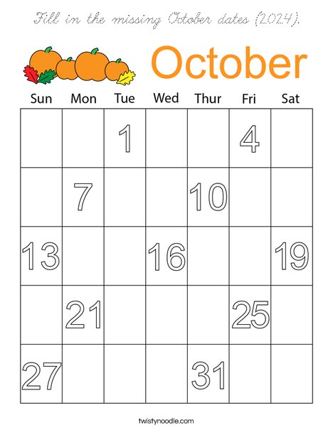 Fill in the missing October dates 2024. Coloring Page
