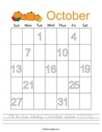 Fill in the missing October dates (2024) Handwriting Sheet