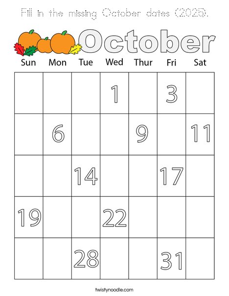 Fill in the missing October dates (2025). Coloring Page