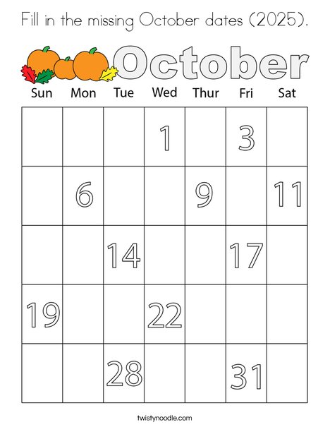 Fill in the missing October dates (2025). Coloring Page