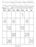 Fill in the missing October Dates (2026) Coloring Page