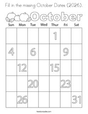 Fill in the missing October Dates (2026) Coloring Page