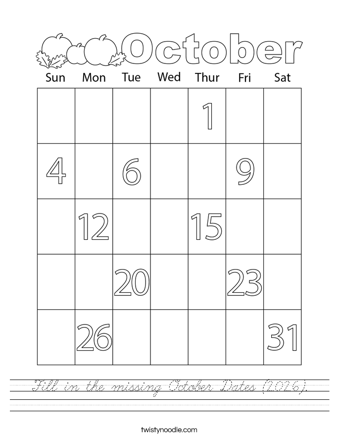Fill in the missing October Dates (2026). Worksheet