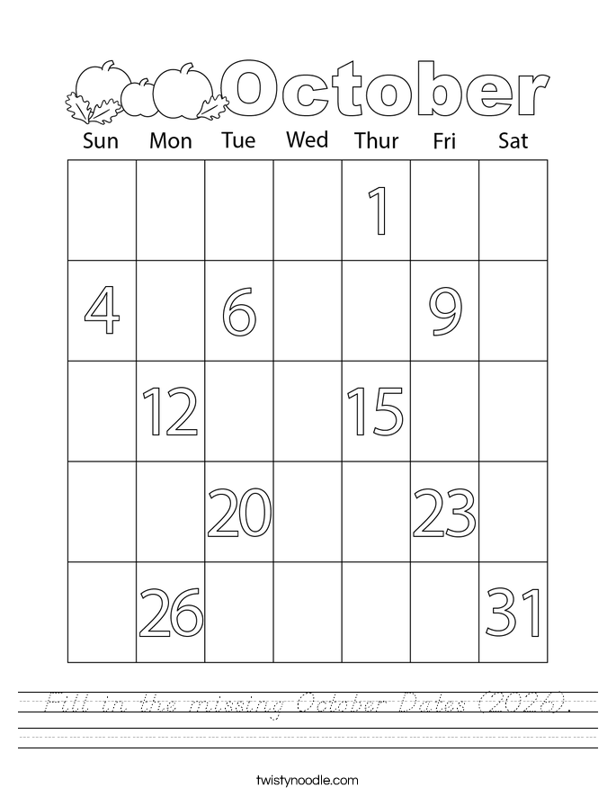 Fill in the missing October Dates (2026). Worksheet