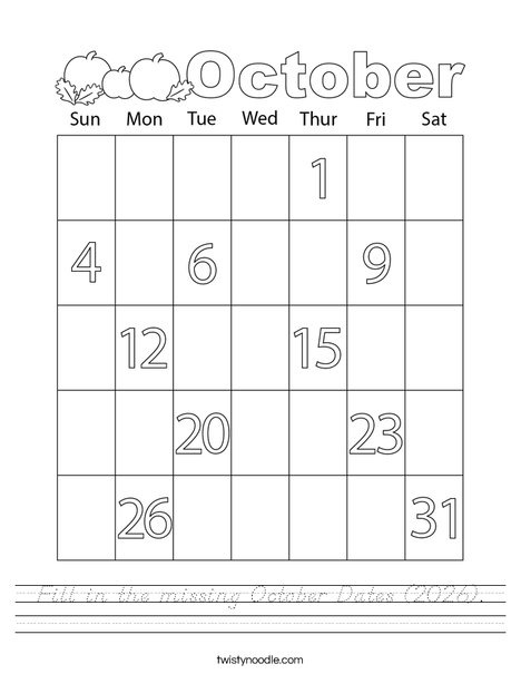 Fill in the missing October Dates (2026). Worksheet