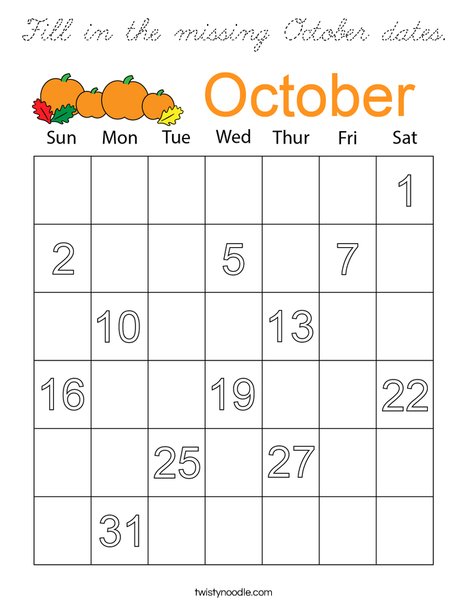 Fill in the missing October dates. Coloring Page