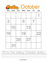 Fill in the missing October dates Handwriting Sheet