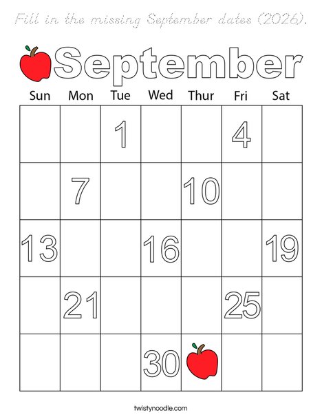 Fill in the missing September dates. Coloring Page