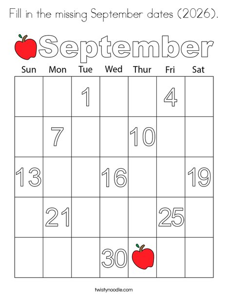 Fill in the missing September dates. Coloring Page
