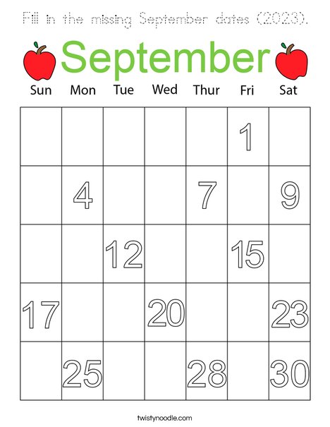 Fill in the missing September dates 2023 Coloring Page