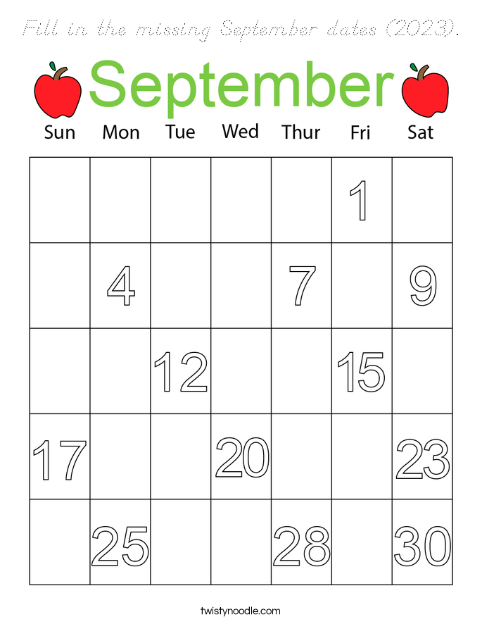 Fill in the missing September dates (2023). Coloring Page